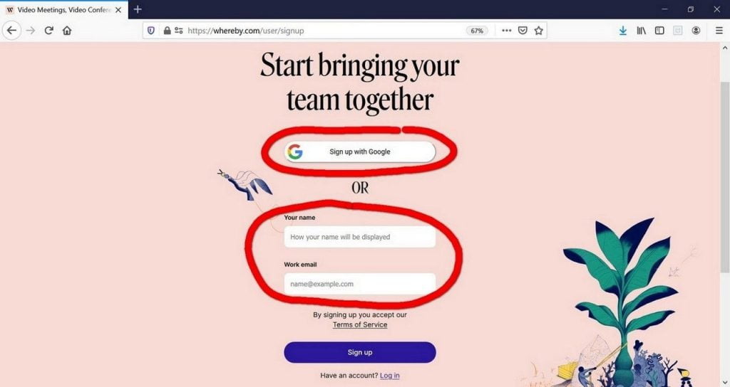 Registracia na stranke Whereby cez Gmail alebo inu emailovu adresu