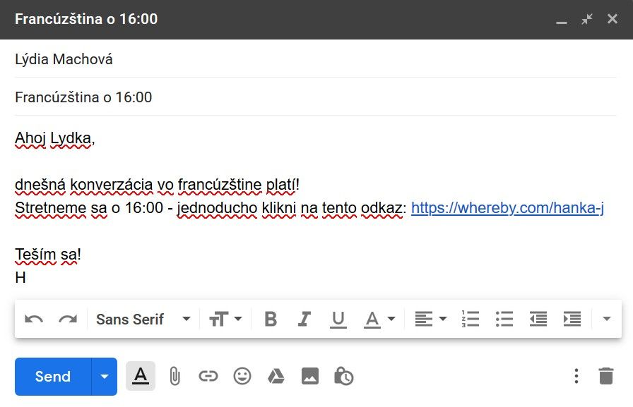 Posielanie odkazu na Whereby miestnost cez email