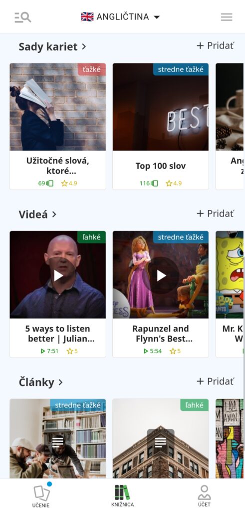 printscreen predpripravených článkov v duocards