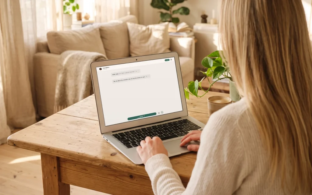 LydkaSpeak otvorený v prehliadači na notebooku – AI lektor sa pýta na ideálny víkend